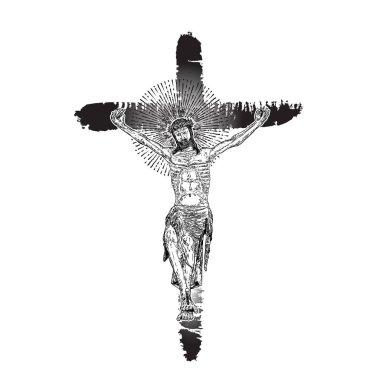 Çarmıha gerilmiş İsa. Gerçek mürekkep fırçasıyla elle boyanmış, grunge Christian Cross Sketch. Vektör.