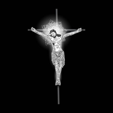 Çarmıha gerilmiş Yüce İsa, azizin sembolü halo ışığı ve kirişlerle. Haç çizimi. Siyah arkaplanda sanat dövmesi referans şablonu. Din gurur ve zafer. İyi Cuma Vektörü.