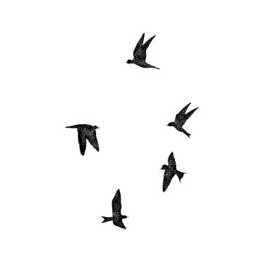Dokulu noktalarla siluet ilham verici vücut flash dövme mürekkebi havadaki kuşlar sürü izole. Vektör.