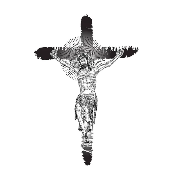 Jesus Korset Handmålad Med Äkta Bläckborste Grunge Christian Cross Sketch — Stock vektor