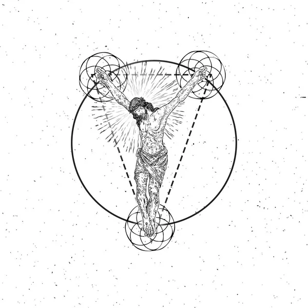 Kutsal geometrik haç, üçgen ve çember mandalalar üzerinde İsa Mesih çarmıha gerildi. Hızlı vücut dövmesi. Hıristiyanlık duasının ve dinin sembolü. Manevi ve kutsal kavramları. Yıldızlar aleminde peygamber. Vektör.