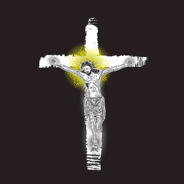 Jesus Christ Crucifixion Hand Painted Ink Brush Cross Black Background — Stock Vector