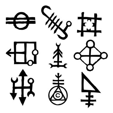 Yazılı sembolleri ve harf büyülü yazıtlar ve arka plan üzerinde izole simgeler ilham kümesi. Eski el yazması alfabesi. Vektör. 