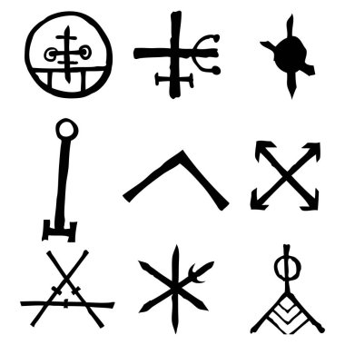 Ezoterik sembol tasarım elementleri. Hayali el yazısı simya işaretleri, uzay, ruhsallık, mistisizm, masonluk, astroloji. Vektör .