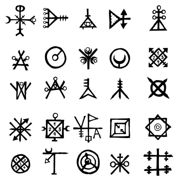 Мистический набор с магическими кругами, пентаграммой и воображаемыми символами чакр. Коллекция икон с колдовством и оккультными рукописными письмами. Эзотерическая концепция. Вектор
 
