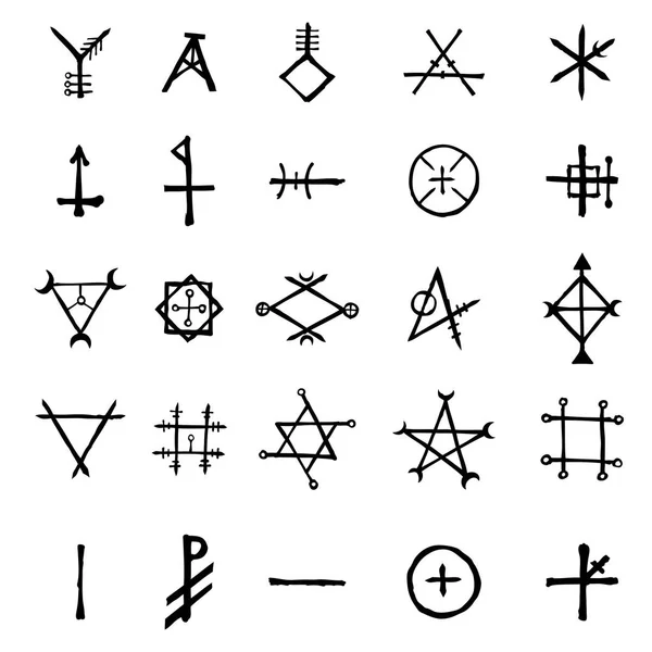 Alchemistische Symbole Auf Weißem Hintergrund Handgezeichnete Und Geschriebene Elemente Für — Stockvektor