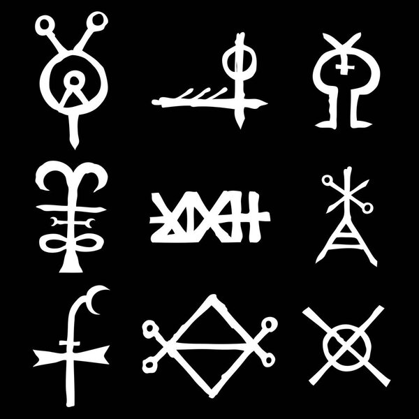 Set of alchemical symbols on the theme of old manuscript with occult lyrics alphabet and symbols. Esoteric written signs inspired by medieval writings. Vector 