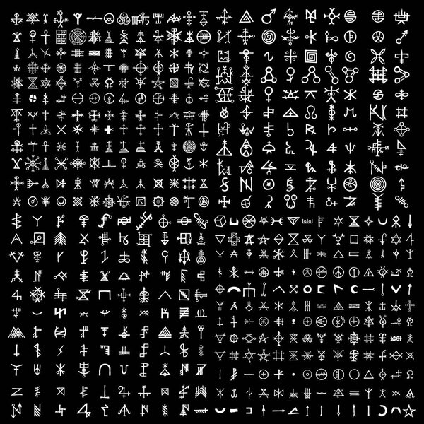 Large set of alchemical symbols isolated on white background. Hand drawn and written elements for signs design. Inspiration by mystical, esoteric, occult theme. Vector.