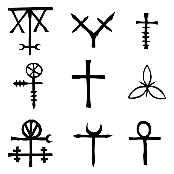 Futhark Isla Nórdica Conjunto Símbolos Vikingos Letras Mágicas Imaginarias Mano — Vector de stock