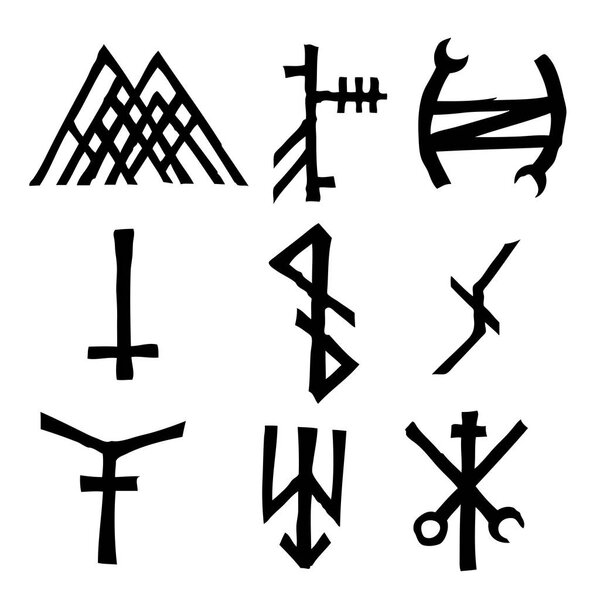 Set of esoteric symbol design elements. Imaginary handwritten alchemy signs, space, spirituality, inspired by mysticism, freemasonry, astrology. Vector .
