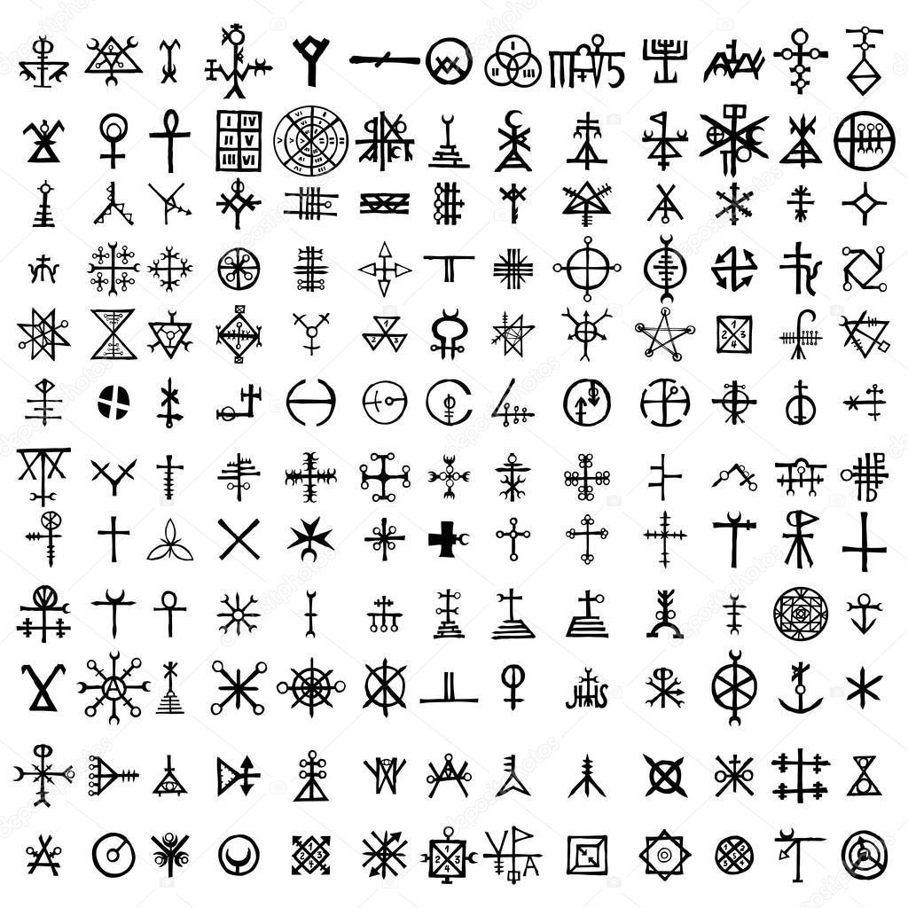 Big set of esoteric symbol design elements. Imaginary handwritten alchemy signs, space, spirituality, inspired by mysticism, freemasonry, astrology. Vector .
