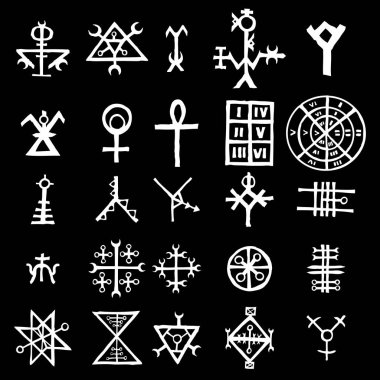 Wiccan sembolleri, Deccal pentagramından ve büyücülükten esinlenilmiş hayali haç sembolleri. Vektör.