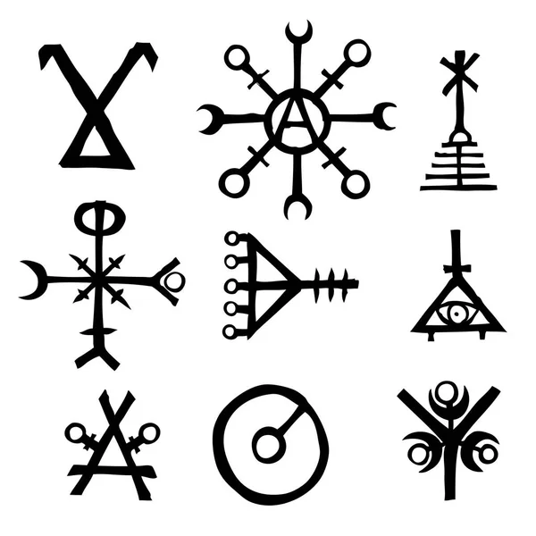 Futhark Isla Nórdica Conjunto Símbolos Vikingos Letras Mágicas Imaginarias Mano — Vector de stock