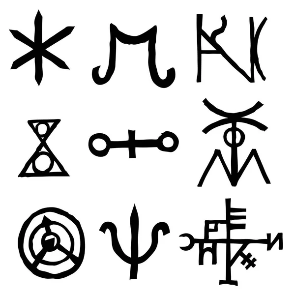 Sett Skrevne Symboler Bokstaver Inspirert Magiske Inskripsjoner Symboler Isolert Bakgrunn – stockvektor