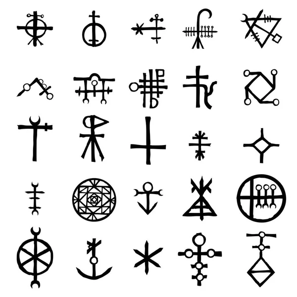 神秘的な魔法界 五芒星と架空チャクラ シンボルを設定します 魔術とオカルト手書きの手紙アイコンのコレクション 難解な概念 ベクトル — ストックベクタ