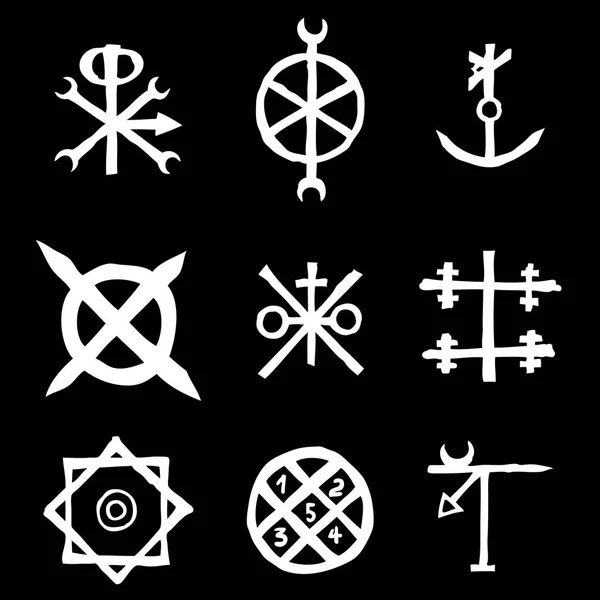 Conjunto Con Símbolos Místicos Ocultos Signos Alfabeto Dibujados Mano Escritos — Vector de stock