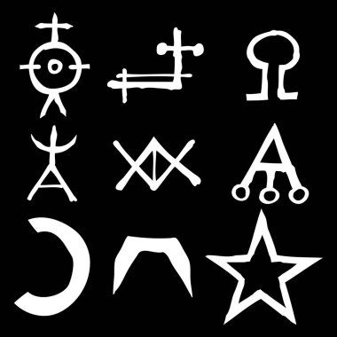 Eski İskandinav rünlerinden oluşan hayali bir set. Runik alfabe sembolleri, futhark. Eski okült sembollerden, Viking harflerinden ve rünlerden esinlenilmiştir. Vektör. 