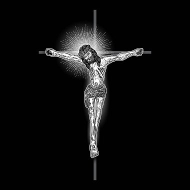 Çarmıha gerilmiş Yüce İsa, azizin sembolü halo ışığı ve kirişlerle. Haç çizimi. Siyah arkaplanda sanat dövmesi referans şablonu. Din gurur ve zafer. İyi Cuma Vektörü.