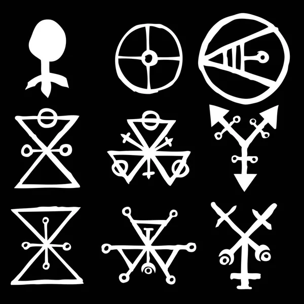 Uppsättning Alkemiska Symboler Temat Gamla Manuskript Med Ockulta Lyrics Alfabetet — Stock vektor