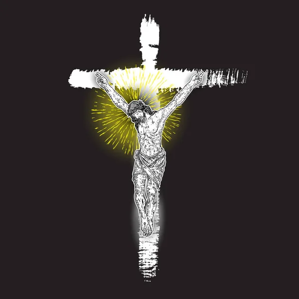耶稣基督钉在手上的十字架上 在黑色的背景上涂上墨刷十字架 涂上光和光 象征着圣徒 闪光的身体纹身 基督教的祈祷和宗教的象征 — 图库矢量图片