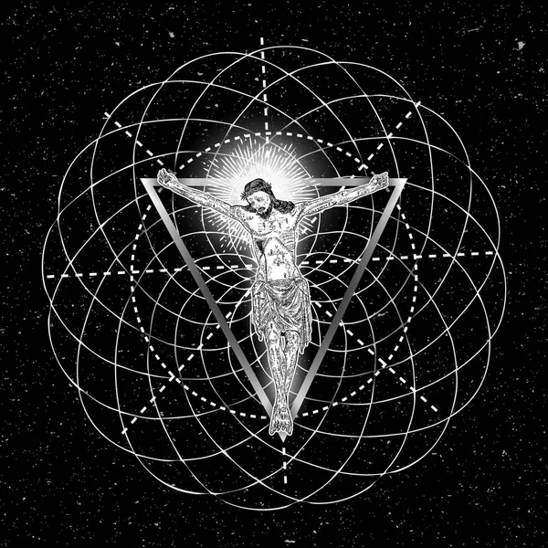 Ježíš Kristus Při Přechodu Trojúhelník Tetování New Age Posvátné Geometrie — Stockový vektor