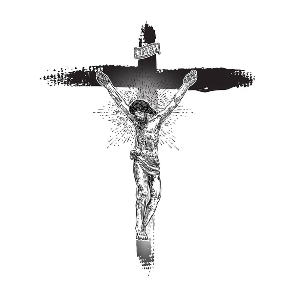 耶稣基督在三角形纹身上徘徊 新时代神圣的几何学 艺术纹身参考模板 宗教的骄傲和荣耀 耶稣受难日向量 — 图库矢量图片