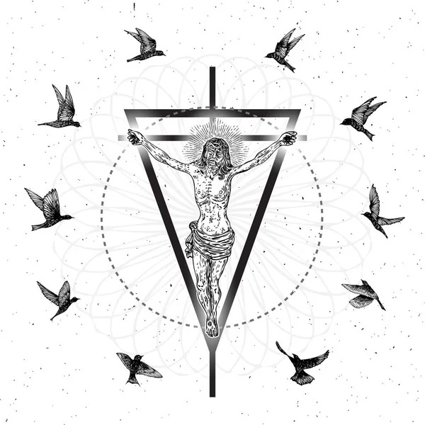 Jesus Christ hover on triangle tattoo. New age sacred geometry. Art tattoo reference template. Religion pride and glory. Good Friday Vector.