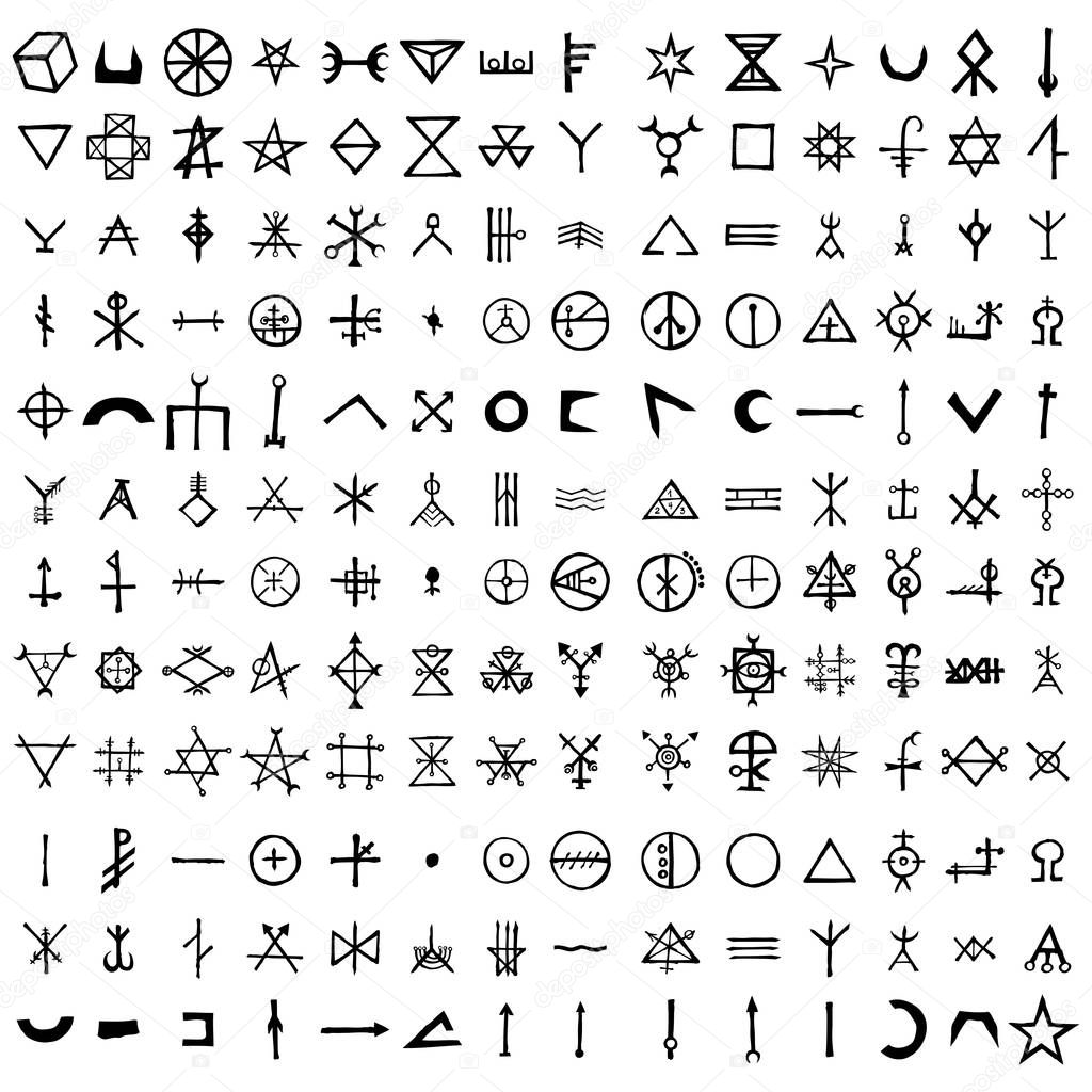 Large set of alchemical symbols isolated on white background. Hand drawn and written elements for signs design. Inspiration by mystical, esoteric, occult theme. Vector.