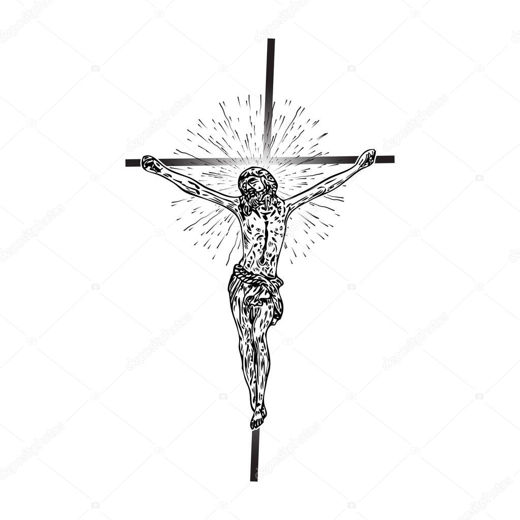 Jesus Christ hover on triangle tattoo. New age sacred geometry. Art tattoo reference template. Religion pride and glory. Good Friday Vector.