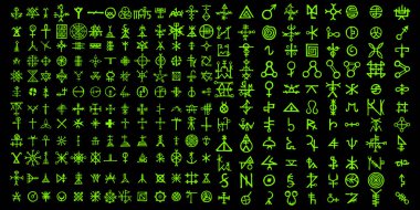 Dijital yeşil matris ve bilgisayar kod sembollerinin alternatifi. Kuantum bilgisayarlar ve kubit, hacker ve kripto, steampunk, uzaylı programlama konsepti. Vektör. 