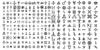 Büyük ezoterik sembolü tasarım öğeleri kümesi. Hayali el yazısı simya işaretler, uzay, maneviyat, Tasavvuf, Masonluk, Astroloji tarafından ilham. Vektör .