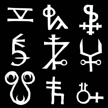 Mistik sihirli daireler, pentagram ve hayali çakralar sembolleri ile ayarlayın. Cadılık ve mektup yazma gizli el ile simgeler koleksiyonu. Ezoterik kavramı. Vektör 