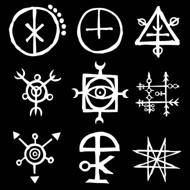 Mistik sihirli daireler, pentagram ve hayali çakralar sembolleri ile ayarlayın. Cadılık ve mektup yazma gizli el ile simgeler koleksiyonu. Ezoterik kavramı. Vektör 