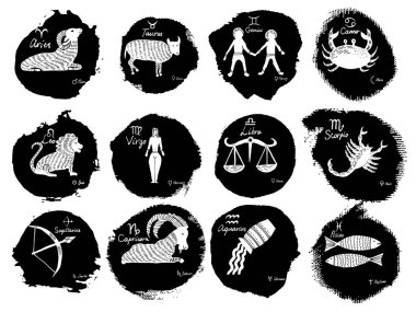 Burcu ayarlayın. 12 burç burç bağlı sembolleri, çizimler ve gezegenler isimleri ile. Vektör. 