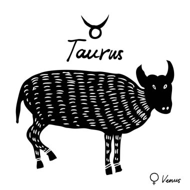Elle çizilmiş zodyak takımyıldızlarını sembol ve Toros, Venu resim gezegen illüstrasyon ve sembol ismi yazıyor. Mistik gizli el falı ve büyücülük simya için kullanılabilir. Vektör 