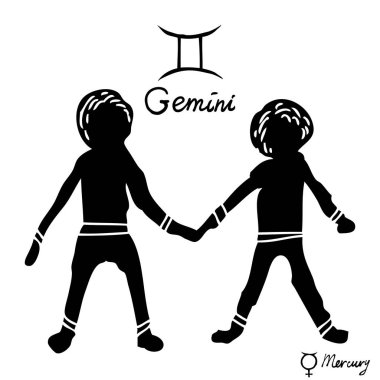 Elle çizilmiş zodyak takımyıldızlarını sembol ve ikizler, Mercury resim gezegen illüstrasyon ve sembol ismi yazıyor. Mistik gizli el falı ve büyücülük simya için kullanılabilir. Vektör 