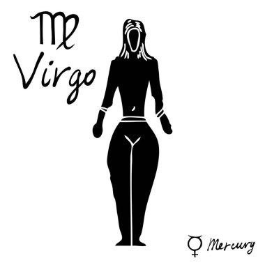 Elle çizilmiş zodyak takımyıldızlarını sembol ve Başak, Mercury resim gezegen illüstrasyon ve sembol ismi yazıyor. Mistik gizli el falı ve büyücülük simya için kullanılabilir. Vektör 