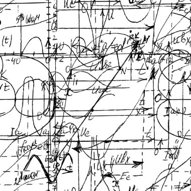 El yazısıyla yazılmış matematik, cebir ve geometri formülleri ve grafikleri, fonksiyonları, hesaplamaları ve işlemleri olan matematiksel dikişsiz doku. Vektör.