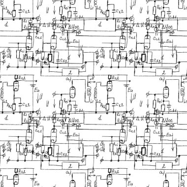 El yazısı formülleri ve elektronik bileşenleriyle bilimsel kusursuz doku. Fizik, şematik diyagram ve cihazların devreleri. Vektör. 