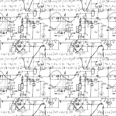 El yazısıyla yazılmış matematik, cebir ve geometri formülleri ve grafikleri, fonksiyonları, hesaplamaları ve işlemleri olan matematiksel dikişsiz doku. Vektör.