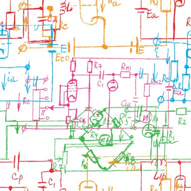 El yazısı fiziksel ve matematiksel formüller, elektronik bileşenler, Şematik diyagramı ve cihazların devre ile bilimsel sorunsuz arka plan. Elektrikçi desen. Vektör. 