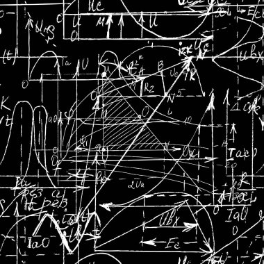 Matematik ve Geometri el yazısı ve çeşitli grafik çözümlerinin çizimi ile kusursuz desen. Geometri ve matematik grafikleri ele alır. Üniversite dersleri. Vektör. 
