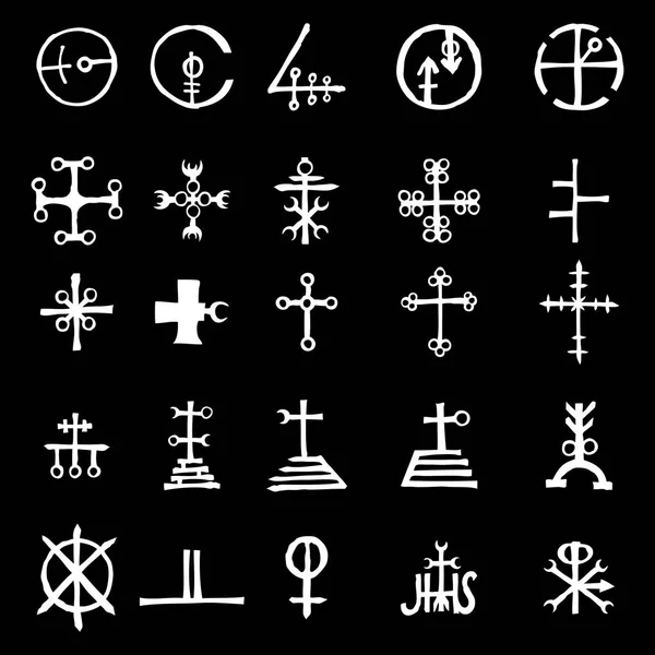 Zbiór Ezoterycznych Świętych Geometrycznych Pisanych Symboli Abstrakcyjna Kolekcja Mistycznych Znaków — Wektor stockowy