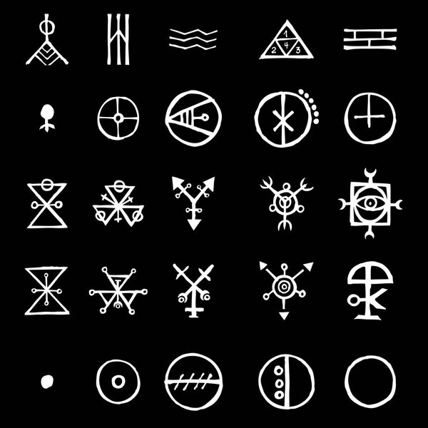 Set with mystic and occult symbols. Hand drawn and written alphabet signs. Spiritual masonic tattoo ideas. Vector.