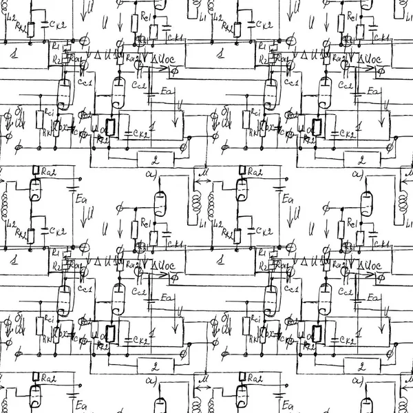 Wetenschappelijke Naadloze Textuur Met Handgeschreven Formules Elektronische Componenten Natuurkunde Schematische — Stockvector