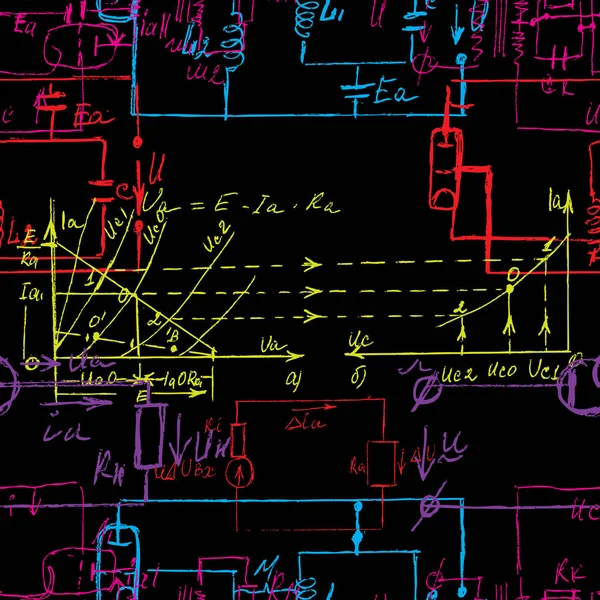 科学无缝的色彩背景与手写的数学和物理公式 电子元件 原理图和电路的装置 电工图案的颜色 — 图库矢量图片