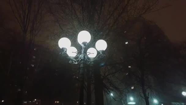 Vista Câmera Durante Caminhada Noite Lâmpada Rua Inverno Lanterna Decorativa — Vídeo de Stock