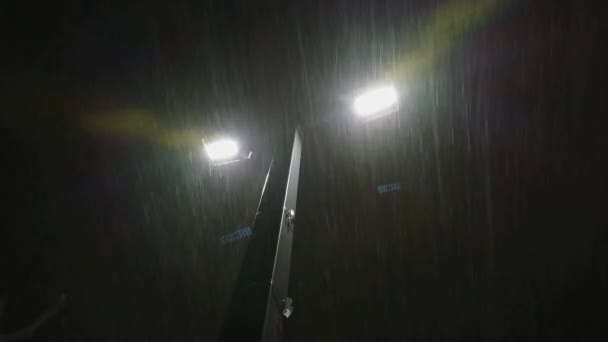 Extremer Schneesturm Und Windböen Der Stadt Gegen Straßenlaternen Oder Laternen — Stockvideo