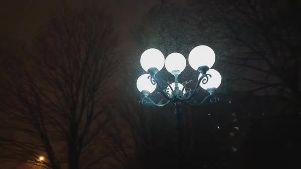在夜间行走的镜头视图冬季路灯或装饰灯笼暴露雪落在背景上 公寓房屋背景在城市的雪灾 智能手机画面 — 图库视频影像