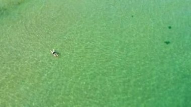 Yalnız kadın şeffaf deniz suda yüzmek. Plaj üst hava görüntülemek